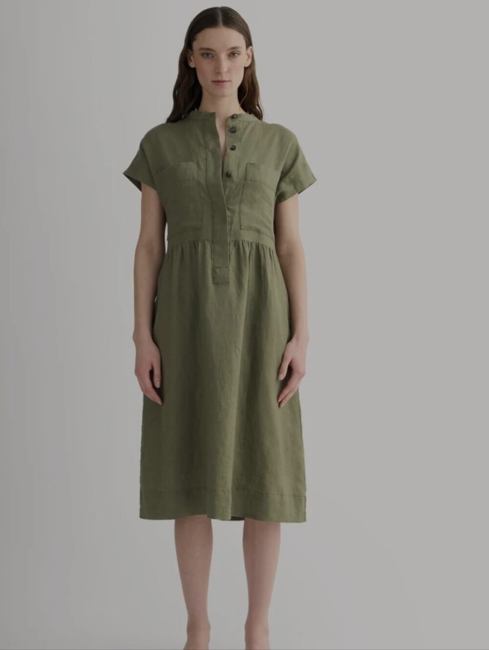Everlane Womens XS Flax Linen Olive Green Bohemian Dress Career Classic Casual